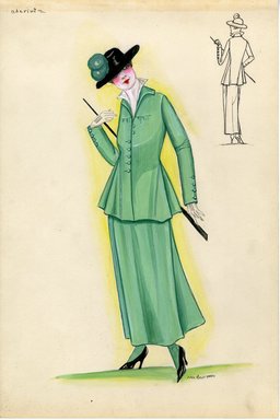 <em>"Suit, Chéruit, 1915. Mint green suit with hip length coat and ankle skirt; white blouse; button closure down center front; coat pleated and flared at hips; black hat with matching green feathers. (Henri Bendel Collection, HB 010-12)"</em>, 1915. Fashion sketch, 12.25 x 8.5 in (31.1 x 21.6 cm). Brooklyn Museum, Fashion sketches. (Photo: Brooklyn Museum, SC01.1_Bendel_Collection_HB_010-12_1915_Cheruit_SL5.jpg