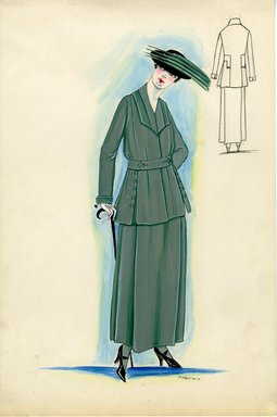 <em>"Suit, 1915. Dusty teal suit; military style with belted waist and button embellishments; full, ankle length skirt; black hat with green feathers; walking cane. (Bendel Collection, HB 010-15)"</em>, 1915. Fashion sketch, 12.25 x 8.5 in (31.1 x 21.6 cm). Brooklyn Museum, Fashion sketches. (Photo: Brooklyn Museum, SC01.1_Bendel_Collection_HB_010-15_1915_SL5.jpg