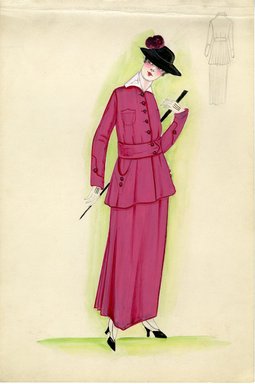 <em>"Suit, 1915. Pink suit; military style with belted waist and breast pockets; full, ankle length skirt; white collar; black hat with pink embellishment; walking stick. (Bendel Collection, HB 010-16)"</em>, 1915. Fashion sketch, 12.25 x 8.5 in (31.1 x 21.6 cm). Brooklyn Museum, Fashion sketches. (Photo: Brooklyn Museum, SC01.1_Bendel_Collection_HB_010-16_1915_SL5.jpg