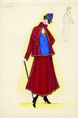 <em>"Suit, Callot Soeurs, 'Petite Coporal', 1915. Burgundy suit with blue blouse and gold trim; militaristic in style and color; cape-like coat with closure at the neck; full, tapered skirt with gold trim on hem; blue hat and blue blouse, both with gold trim. (Henri Bendel, HB 010-17)"</em>, 1915. Fashion sketch, 12.25 x 8.5 in (31.1 x 21.6 cm). Brooklyn Museum, Fashion sketches. (Photo: Brooklyn Museum, SC01.1_Bendel_Collection_HB_010-17_1915_Callot_SL5.jpg