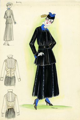 <em>"Suit, Jenny, 1915. Black suit with blue and gold trim on collar and sleeves; belted at the waist with gold buttons; full, ankle-length skirt; militaristic in style and color; white blouse with gold embroidery; black and blue hat with gold embellishment. (Henri Bendel Collection, HB 010-18)"</em>, 1915. Fashion sketch, 12.25 x 8.5 in (31.1 x 21.6 cm). Brooklyn Museum, Fashion sketches. (Photo: Brooklyn Museum, SC01.1_Bendel_Collection_HB_010-18_1915_Jenny_SL5.jpg