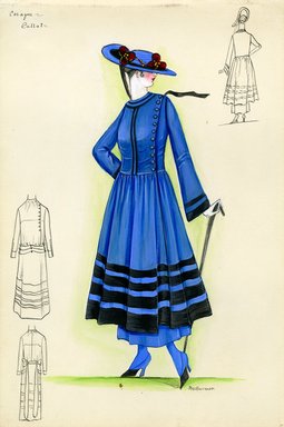 <em>"Suit, Callot Soeurs, 'Cosaque', 1915. Blue suit with black trim on coat's skirt, sleeves, and bodice; double-breasted with button closure on left side of the bodice; full skirt with black stripes; blue hat with red flowers. (Bendel Collection, HB 010-19)"</em>, 1915. Fashion sketch, 12.25 x 8.5 in (31.1 x 21.6 cm). Brooklyn Museum, Fashion sketches. (Photo: Brooklyn Museum, SC01.1_Bendel_Collection_HB_010-19_1915_Callot_SL5.jpg