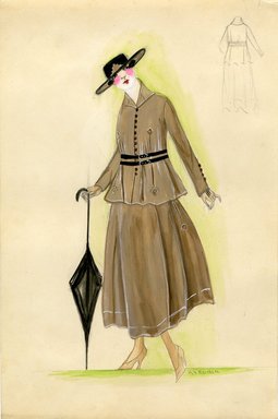 <em>"Suit, 1915. Khaki-colored suit; black belt on coat at waist; full, tea length skirt; flat, black hat. (Bendel Collection, HB 010-22)"</em>, 1915. Fashion sketch, 12.25 x 8.5 in (31.1 x 21.6 cm). Brooklyn Museum, Fashion sketches. (Photo: Brooklyn Museum, SC01.1_Bendel_Collection_HB_010-22_1915_SL5.jpg