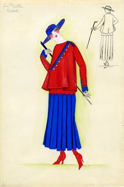 <em>"Suit, Callot Soeurs, 'La Flotte', 1915. Red and blue suit; militaristic in style and color; diagonal silver button closure across front of coat; pleated ankle length skirt; wide blue hat with red trim. (Bendel Collection, HB 010-23)"</em>, 1915. Fashion sketch, 12.25 x 8.5 in (31.1 x 21.6 cm). Brooklyn Museum, Fashion sketches. (Photo: Brooklyn Museum, SC01.1_Bendel_Collection_HB_010-23_1915_Callot_SL5.jpg