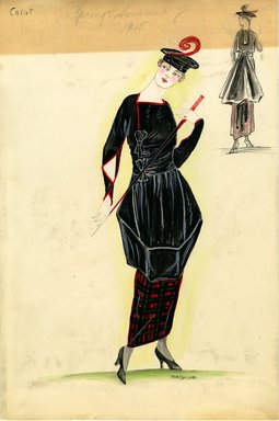 <em>"Day dress, Callot Soeurs, Spring Summer 1915. Long red and black plaid straight skirt; black tunic, square neck, long sleeves with cutout, sleeves and neck trimmed in red; small black hat with flat crown, red feather; walking stick. (Bendel Collection, HB"</em>, 1915. Fashion sketch, 12.25 x 8.5 in (31.1 x 21.6 cm). Brooklyn Museum, Fashion sketches. (Photo: Brooklyn Museum, SC01.1_Bendel_Collection_HB_011-01_1915_Callot_SL5.jpg