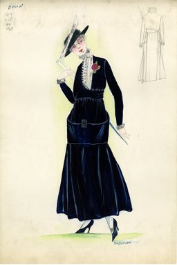 <em>"Dress or coat, Doucet, 1915. Long black coat, full skirt, long sleeves; bodice open in front , long row of buttons; white blouse, stand up collar; black hat, flat brim, white bow; walking stick. (Bendel Collection, HB 011-02)"</em>, 1915. Fashion sketch, 12.25 x 8.5 in (31.1 x 21.6 cm). Brooklyn Museum, Fashion sketches. (Photo: Brooklyn Museum, SC01.1_Bendel_Collection_HB_011-02_1915_Doucet_SL5.jpg