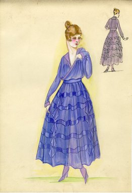 <em>"Dress, 1915. Long purple dress, full skirt, horizontal bands, possibly applique; draped surplice bodice, long sleeves. (Bendel Collection HB 011-03)"</em>, 1915. Fashion sketch, 12.25 x 8.5 in (31.1 x 21.6 cm). Brooklyn Museum, Fashion sketches. (Photo: Brooklyn Museum, SC01.1_Bendel_Collection_HB_011-03_1915_SL5.jpg