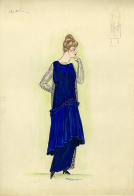 <em>"Evening dress, Chéruit, 1915. Long blue sleeveless dress gathers front drape, underskirt in blue with black net or lace overskirt; black net or lace long sleeves and over bodice. (Bendel Collection, HB 011-04)"</em>, 1915. Fashion sketch, 12.25 x 8.5 in (31.1 x 21.6 cm). Brooklyn Museum, Fashion sketches. (Photo: Brooklyn Museum, SC01.1_Bendel_Collection_HB_011-04_1915_Cheruit_SL5.jpg