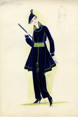 <em>"Suit, 1915. Long blue skirt open in front; matching blue mid-thigh length coat flared in back, green trim on sleeves, collar and hem; wide green belt with tassels; matching blue beret, green trim; walking stick. (Bendel Collection, HB 011-05)"</em>, 1915. Fashion sketch, 12.25 x 8.5 in (31.1 x 21.6 cm). Brooklyn Museum, Fashion sketches. (Photo: Brooklyn Museum, SC01.1_Bendel_Collection_HB_011-05_1915_SL5.jpg