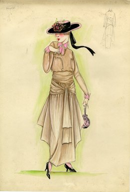 <em>"Day dress, Arnold, 1915. Long beige dress, draped skirt, wrapped waist sash tied in front; long sleeve bodice, pink collar and cuffs; wide brimmed black hat, pink crown, floral bouquet, black ribbon; drawstring purse. (Bendel Collection, HB 011-06)"</em>, 1915. Fashion sketch, 12.25 x 8.5 in (31.1 x 21.6 cm). Brooklyn Museum, Fashion sketches. (Photo: Brooklyn Museum, SC01.1_Bendel_Collection_HB_011-06_1915_Arnold_SL5.jpg