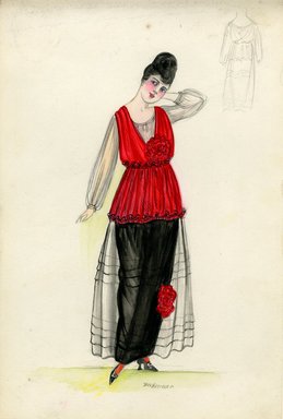 <em>"Dress, 1915. Long dress, white black and red; red sleeveless bodice, sheer white blouse underneath; large red flower at V-neck and on skirt. (Bendel Collection, HB 011-07)"</em>, 1915. Fashion sketch, 12.25 x 8.5 in (31.1 x 21.6 cm). Brooklyn Museum, Fashion sketches. (Photo: Brooklyn Museum, SC01.1_Bendel_Collection_HB_011-07_1915_SL5.jpg