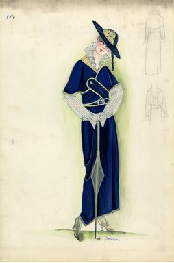 <em>"Suit, Erte, 1915. Long blue skirt, matching blue short sleeve jacket; jacket with crossed panels in front, one button closure; skirt, jacket and belt trimmed in yellow; long sleeved white blouse, ruffled cuffs, stand-up ruffled collar; parasol. (Bendel Collection, HB 011-08)"</em>, 1915. Fashion sketch, 12.25 x 8.5 in (31.1 x 21.6 cm). Brooklyn Museum, Fashion sketches. (Photo: Brooklyn Museum, SC01.1_Bendel_Collection_HB_011-08_1915_Erte_SL5.jpg