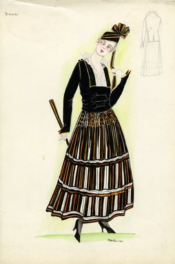 <em>"Dress, Maurer, 1915. Long dress, full skirt, black, white and orange striped fabric; black bodice with low square neckline, long sleeves, trimmed in orange, white blouse; small black hat, black and orange ribbon. (Bendel Collection, HB 011-09)"</em>, 1915. Fashion sketch, 12.25 x 8.5 in (31.1 x 21.6 cm). Brooklyn Museum, Fashion sketches. (Photo: Brooklyn Museum, SC01.1_Bendel_Collection_HB_011-09_1915_Maurer_SL5.jpg