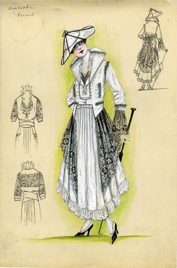 <em>"Dress and jacket, Premet, 'Avaland', 1915. Long white dress with full skirt, skirt shorter on the sides; short matching white jacket, black embroidered net or lace ruffles on cuffs, sleeves, pockets and collar; black net or lace panels attached to jacket at sides; white hat, asymmetrical brim, black trim; black parasol. (Bendel Collection, HB 011-11)"</em>, 1915. Fashion sketch, 12.25 x 8.5 in (31.1 x 21.6 cm). Brooklyn Museum, Fashion sketches. (Photo: Brooklyn Museum, SC01.1_Bendel_Collection_HB_011-11_1915_Premet_SL5.jpg