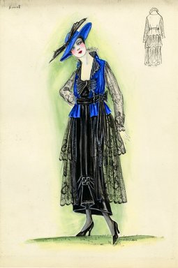 <em>"Dress, Doucet, 1915. Long black dress, sheer black lace overskirt; sheer black lace sleeves; sleeveless blue jacket, black sash with bow; blue hat with wide brim, black ribbon. (Bendel Collection, HB 011-12)"</em>, 1915. Fashion sketch, 12.25 x 8.5 in (31.1 x 21.6 cm). Brooklyn Museum, Fashion sketches. (Photo: Brooklyn Museum, SC01.1_Bendel_Collection_HB_011-12_1915_Doucet_SL5.jpg