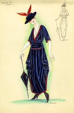 <em>"Day dress, Callot Soeurs, 'Gaurde Vous', 1915. Dark blue long dress gathered at the sides; draped bodice, low V-neck, elbow length sleeves; sleeves, neckline, waist and hem trimmed in red; dark blue hat, wide brim, low crown, red feathers; matching blue parasol. (Bendel Collection, HB 011-13)"</em>, 1915. Fashion sketch, 12.25 x 8.5 in (31.1 x 21.6 cm). Brooklyn Museum, Fashion sketches. (Photo: Brooklyn Museum, SC01.1_Bendel_Collection_HB_011-13_1915_Callot_SL5.jpg