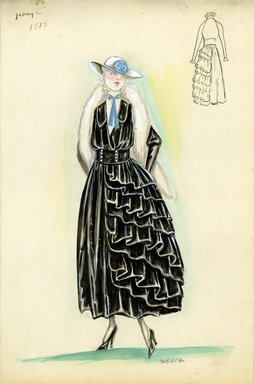 <em>"Day dress, Jenny, 1915. Long black dress, full skirt, diagonal rows of black ruffles along one side; wide black waistband, two rows of buttons; white blouse, light blue tie at neck; white fur stole; white hat, wide brim, light blue flower in front. (Bendel Collection, HB 011-14)"</em>, 1915. Fashion sketch, 12.25 x 8.5 in (31.1 x 21.6 cm). Brooklyn Museum, Fashion sketches. (Photo: Brooklyn Museum, SC01.1_Bendel_Collection_HB_011-14_1915_Jenny_SL5.jpg