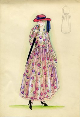 <em>"Day dress, 1915. Long pink dress, full skirt; bodice with row of buttons along left side, long sleeves; dress fabric with design of abstract flowers on curving stems in pink, purple and green; pink hat, wide brim, flat crown, dark blue ribbon on crown; black umbrella. (Bendel Collection, HB 011-15)"</em>, 1915. Fashion sketch, 12.25 x 8.5 in (31.1 x 21.6 cm). Brooklyn Museum, Fashion sketches. (Photo: Brooklyn Museum, SC01.1_Bendel_Collection_HB_011-15_1915_SL5.jpg