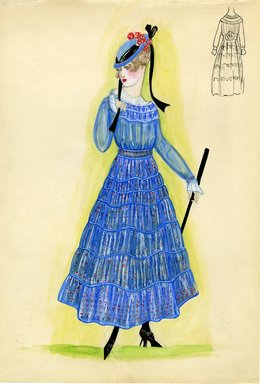 <em>"Day dress, 1915. Long light blue dress, full skirt; tiny red pattern on skirt; light blue bodice, gathered blue and red fabric at neckline; small light blue hat, black ribbons, small red roses attached; long black walking stick. (Bendel Collection, HB 011-16)"</em>, 1915. Fashion sketch, 12.25 x 8.5 in (31.1 x 21.6 cm). Brooklyn Museum, Fashion sketches. (Photo: Brooklyn Museum, SC01.1_Bendel_Collection_HB_011-16_1915_SL5.jpg