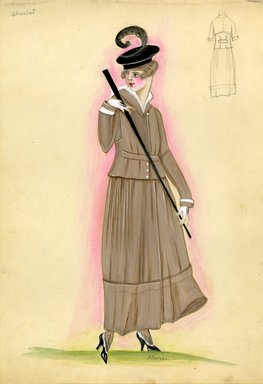 <em>"Suit, Chéruit, 1915. Long tan skirt; matching short jacket, long sleeves, white buttons, narrow belt in front, white trim on cuffs; short white gloves; black sailor hat, black feather; black walking stick. (Bendel Collection, HB 011-17)"</em>, 1915. Fashion sketch, 12.25 x 8.5 in (31.1 x 21.6 cm). Brooklyn Museum, Fashion sketches. (Photo: Brooklyn Museum, SC01.1_Bendel_Collection_HB_011-17_1915_Cheruit_SL5.jpg