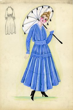 <em>"Day dress, 1915. Long light blue dress, full skirt; matching light blue bodice, long sleeves, trimmed with rows of narrow ruffles; large white umbrella, black hanging trim. (Bendel Collection, HB 011-18)"</em>, 1915. Fashion sketch, 12.25 x 8.5 in (31.1 x 21.6 cm). Brooklyn Museum, Fashion sketches. (Photo: Brooklyn Museum, SC01.1_Bendel_Collection_HB_011-18_1915_SL5.jpg