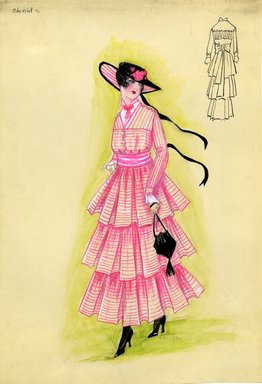 <em>"Day dress, Chéruit, 1915. Long pink and white striped dress, full skirt; bodice, long sleeves, pink bow tie at neck; black hat, wide brim, pink and white fabric on underside of brim, long black ribbons; small black purse, tassel. (Bendel Collection, HB 011-19)"</em>, 1915. Fashion sketch, 12.25 x 8.5 in (31.1 x 21.6 cm). Brooklyn Museum, Fashion sketches. (Photo: Brooklyn Museum, SC01.1_Bendel_Collection_HB_011-19_1915_Cheruit_SL5.jpg