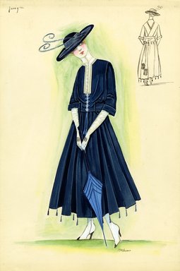 <em>"Day dress, Jenny, 1915. Long blue dress, full skirt, tassels attached at hem; bodice laced in front, elbow length sleeves; white blouse, high neck, buttoned down front; black and blue hat, wide brim, feathers; blue parasol; white boots, black toe and heel. (Bendel Collection, HB 011-20)"</em>, 1915. Fashion sketch, 12.25 x 8.5 in (31.1 x 21.6 cm). Brooklyn Museum, Fashion sketches. (Photo: Brooklyn Museum, SC01.1_Bendel_Collection_HB_011-20_1915_Jenny_SL5.jpg