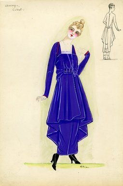 <em>"Day dress, Callot Soeurs, 'Charmy', 1915. Long purple dress, row of buttons on skirt; bodice, long sleeves, square neck, red trim; belt with decoration of three triangles. (Bendel Collection, HB 011-21)"</em>, 1915. Fashion sketch, 12.25 x 8.5 in (31.1 x 21.6 cm). Brooklyn Museum, Fashion sketches. (Photo: Brooklyn Museum, SC01.1_Bendel_Collection_HB_011-21_1915_Callot_SL5.jpg