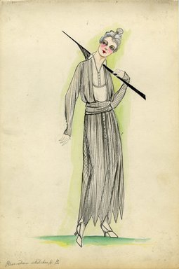 <em>"Day dress, 1915. Long white dress with narrow black stripes, pointed hem; draped bodice, open front, long sleeves; white blouse; black parasol. (Bendel Collection, HB 011-22)"</em>, 1915. Fashion sketch, 12.25 x 8.5 in (31.1 x 21.6 cm). Brooklyn Museum, Fashion sketches. (Photo: Brooklyn Museum, SC01.1_Bendel_Collection_HB_011-22_1915_SL5.jpg