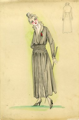 <em>"Day dress, 1915. White dress with black pin stripes; gathered around waist with high, open collar; ankle length skirt with slit at center front revealing white, ruffled underskirt; red flower detail on lapel. (Bendel Collection, HB 011-23)"</em>, 1915. Fashion sketch, 12.25 x 8.5 in (31.1 x 21.6 cm). Brooklyn Museum, Fashion sketches. (Photo: Brooklyn Museum, SC01.1_Bendel_Collection_HB_011-23_1915_SL5.jpg