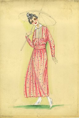 <em>"Day dress, 1915. Pink dress with blue and purple polka dots; gathered at natural waist; bib pleating with button closure down center front of bodice; ankle length, pleated skirt; parasol included. (Bendel Collection, HB 011-24)"</em>, 1915. Fashion sketch, 12.25 x 8.5 in (31.1 x 21.6 cm). Brooklyn Museum, Fashion sketches. (Photo: Brooklyn Museum, SC01.1_Bendel_Collection_HB_011-24_1915_SL5.jpg