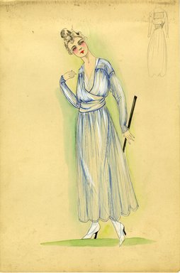 <em>"Day dress, 1915. White dress with blue pin stripes; mono-bosom silhouette, gathered at the waist with a full ankle length skirt; scalloped hemline; open neckline with sheer shirt under dress. (Bendel Collection, 011-25)"</em>, 1915. Fashion sketch, 12.25 x 8.5 in (31.1 x 21.6 cm). Brooklyn Museum, Fashion sketches. (Photo: Brooklyn Museum, SC01.1_Bendel_Collection_HB_011-25_1915_SL5.jpg