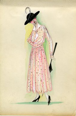 <em>"Day dress, 1915. Light pink dress with multi-colored polka dots; white trim on collar; mono-bosom style bodice; pleated, ankle length skirt; wide brimmed black hat with white feather. (Bendel Collection, HB 011-26)"</em>, 1915. Fashion sketch, 12.25 x 8.5 in (31.1 x 21.6 cm). Brooklyn Museum, Fashion sketches. (Photo: Brooklyn Museum, SC01.1_Bendel_Collection_HB_011-26_1915_SL5.jpg