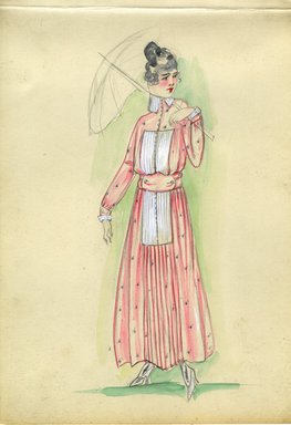 <em>"Day dress, 1915. Light pink, printed dress with white, pleated bib on bodice and skirt; high collar with pleating detail; ankle length skirt with pleats down center front; fastened at waist with same fabric belt; parasol included. (Bendel Collection, HB 011-27)"</em>, 1915. Fashion sketch, 12.25 x 8.5 in (31.1 x 21.6 cm). Brooklyn Museum, Fashion sketches. (Photo: Brooklyn Museum, SC01.1_Bendel_Collection_HB_011-27_1915_SL5.jpg