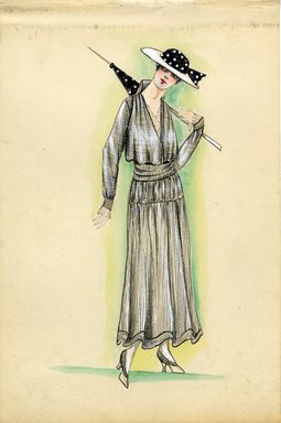 <em>"Day dress, 1915. White dress with black pin stripes; blouse-like bodice with open neck line; gathered at waist with full ankle length skirt; white hat with black and white polka dot trim. (Bendel Collection, HB 011-28)"</em>, 1915. Fashion sketch, 12.25 x 8.5 in (31.1 x 21.6 cm). Brooklyn Museum, Fashion sketches. (Photo: Brooklyn Museum, SC01.1_Bendel_Collection_HB_011-28_1915_SL5.jpg