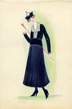 <em>"Day dress, 1915. Dark blue dress; white blouse with dark blue pin stripes; thinly pleated, ankle length skirt; blue cap with white pom pom and pink decoration. (Bendel Collection, HB 011-29)"</em>, 1915. Fashion sketch, 12.25 x 8.5 in (31.1 x 21.6 cm). Brooklyn Museum, Fashion sketches. (Photo: Brooklyn Museum, SC01.1_Bendel_Collection_HB_011-29_1915_SL5.jpg