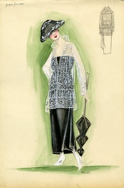 <em>"Day dress, Jenne France, 1915. Black dress with white overlay lace blouse; blouse has a dropped waistline; straight black skirt; black tri-corn hat with white embroidery; black parasol. (Bendel Collection, HB 011-30)"</em>, 1915. Fashion sketch, 12.25 x 8.5 in (31.1 x 21.6 cm). Brooklyn Museum, Fashion sketches. (Photo: Brooklyn Museum, SC01.1_Bendel_Collection_HB_011-30_1915_JenneFrance_SL5.jpg