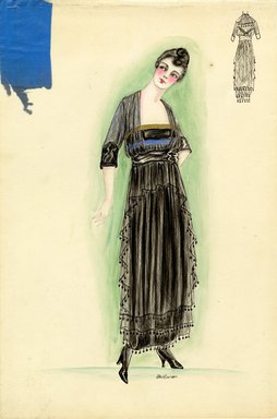 <em>"Day dress, 1915. Black lace dress; empire waist; blue and gold accent colors on bodice; fringe on tapered skirt and hem of skirt; blue, plain weave textile swatch included. (Bendel Collection, HB 011-31)"</em>, 1915. Fashion sketch, 12.25 x 8.5 in (31.1 x 21.6 cm). Brooklyn Museum, Fashion sketches. (Photo: Brooklyn Museum, SC01.1_Bendel_Collection_HB_011-31_1915_SL5.jpg