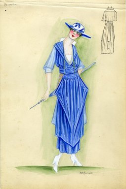 <em>"Day dress, Premet, 1915. Blue dress with white accents on bodice and collar; yellow, embroidered accents at hips; sash around natural waist with pleated, tapered skirt; blue and white hat. (Bendel Collection, HB 011-32)"</em>, 1915. Fashion sketch, 12.25 x 8.5 in (31.1 x 21.6 cm). Brooklyn Museum, Fashion sketches. (Photo: Brooklyn Museum, SC01.1_Bendel_Collection_HB_011-32_1915_Premet_SL5.jpg