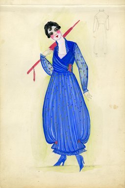 <em>"Day dress, 1915. Blue dress with printed fabric; full, pleated hobble skirt gathered around ankles; sheer, long sleeves; pink flower embellishment at waist; pink parasol. (Bendel Collection, HB 011-33)"</em>, 1915. Fashion sketch, 12.25 x 8.5 in (31.1 x 21.6 cm). Brooklyn Museum, Fashion sketches. (Photo: Brooklyn Museum, SC01.1_Bendel_Collection_HB_011-33_1915_SL5.jpg