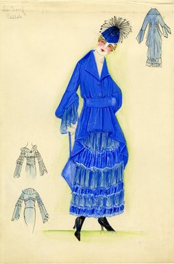 <em>"Dress, Callot Soeurs, 'La Turf', 1915. Blue dress with blue coat; coat gathered at waist with same fabric belt and full, bell-shaped sleeves; ruffled sleeves on dress; tiered, ruffled skirt with alternating blue fabrics; blue hat with black decoration. (Bendel Collection, HB 011-35)"</em>, 1915. Fashion sketch, 12.25 x 8.5 in (31.1 x 21.6 cm). Brooklyn Museum, Fashion sketches. (Photo: Brooklyn Museum, SC01.1_Bendel_Collection_HB_011-35_1915_Callot_SL5.jpg