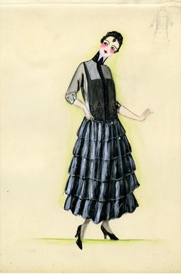 <em>"Day dress, 1915. Black dress with sheer overlay blouse; dropped waist with full; tiered A-line skirt; beading and embroidery on blouse at waist; button closure down center front of blouse. (Bendel Collection, HB 011-37)"</em>, 1915. Fashion sketch, 12.25 x 8.5 in (31.1 x 21.6 cm). Brooklyn Museum, Fashion sketches. (Photo: Brooklyn Museum, SC01.1_Bendel_Collection_HB_011-37_1915_SL5.jpg