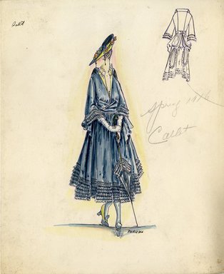 <em>"Day dress, Callot Soeurs, Spring 1916. Blue dress with white blouse; large ruffle trim on sleeves and hem; gathered at waist with same fabric sash; matching blue parasol and hat with flower embellishment; white ruffle blouse. (Bendel Collection, HB 011-38)"</em>, 1916. Fashion sketch, 12.25 x 8.5 in (31.1 x 21.6 cm). Brooklyn Museum, Fashion sketches. (Photo: Brooklyn Museum, SC01.1_Bendel_Collection_HB_011-38_1915_Callot_SL5.jpg