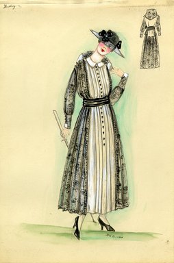 <em>"Day dress, Bulloz, 1915. White dress with black lace overlay; black sash around natural waist; black buttons down center front of bodice and skirt; long sleeves; Peter Pan collar; hat with sheer brim and black flowers. (Bendel Collection, 011-39)"</em>, 1915. Fashion sketch, 12.25 x 8.5 in (31.1 x 21.6 cm). Brooklyn Museum, Fashion sketches. (Photo: Brooklyn Museum, SC01.1_Bendel_Collection_HB_011-39_1915_Bulloz_SL5.jpg