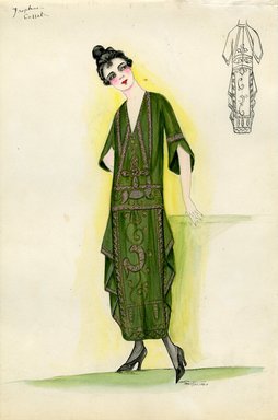 <em>"Day dress, Callot Soeurs, 'Trophae', 1915. Green dress with pink and gold embroidery; dropped waist with tubular silhouette; ankle length skirt with tapered panels on sides; bell-shaped sleeves. (Bendel Collection, 011-40)"</em>, 1915. Fashion sketch, 12.25 x 8.5 in (31.1 x 21.6 cm). Brooklyn Museum, Fashion sketches. (Photo: Brooklyn Museum, SC01.1_Bendel_Collection_HB_011-40_1915_Callot_SL5.jpg