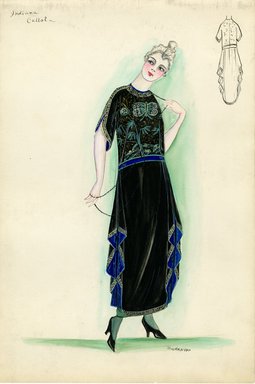 <em>"Day dress, Callot Soeurs, 'Indiana', 1915. Black dress with embroidered bodice; embroidery on sleeves, collar, and hem; tubular silhouette with blue sash at natural waist; tapered skirt with blue lining. (Bendel Collection, 011-41)"</em>, 1915. Fashion sketch, 12.25 x 8.5 in (31.1 x 21.6 cm). Brooklyn Museum, Fashion sketches. (Photo: Brooklyn Museum, SC01.1_Bendel_Collection_HB_011-41_1915_Callot_SL5.jpg