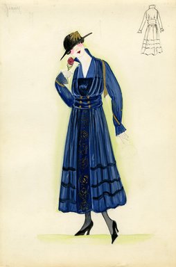 <em>"Day dress, Jenny, 1915. Blue dress with gold accents on bodice, skirt, and sleeves; gathered at waist with full, ankle length skirt; gold embroidery down center front of skirt; black hat with gold embellishment. (Bendel Collection, 011-42)"</em>, 1915. Fashion sketch, 12.25 x 8.5 in (31.1 x 21.6 cm). Brooklyn Museum, Fashion sketches. (Photo: Brooklyn Museum, SC01.1_Bendel_Collection_HB_011-42_1915_Jenny_SL5.jpg