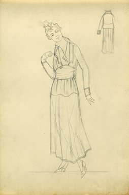 <em>"Day dress, 1915. Unfinished sketch of day dress; full skirt and mono-bosom style bodice; gathered at the waist. (Bendel Collection, 011-43)"</em>, 1915. Fashion sketch, 12.25 x 8.5 in (31.1 x 21.6 cm). Brooklyn Museum, Fashion sketches. (Photo: Brooklyn Museum, SC01.1_Bendel_Collection_HB_011-43_1915_SL5.jpg