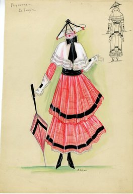 <em>"Dress, Lucien Lelong, 'Paysanne', 1915. Red dress with black accents and white cape; gingham-like fabric; two-tiered skirt; white, ruffled cap with large black bow; white ruffle detail at wrists; matching parasol and white, sheer hat with black accents. (Bendel Collection, HB 011-44)"</em>, 1915. Fashion sketch, 12.25 x 8.5 in (31.1 x 21.6 cm). Brooklyn Museum, Fashion sketches. (Photo: Brooklyn Museum, SC01.1_Bendel_Collection_HB_011-44_1915_LeLong_SL5.jpg