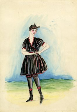 <em>"Bathing suit, 1915. Black bathing suit with red trim; full, pleated skirt with bloomers and stockings; black boots and black swimming cap. (Bendel Collection, 011-45)"</em>, 1915. Fashion sketch, 12.25 x 8.5 in (31.1 x 21.6 cm). Brooklyn Museum, Fashion sketches. (Photo: Brooklyn Museum, SC01.1_Bendel_Collection_HB_011-45_1915_SL5.jpg